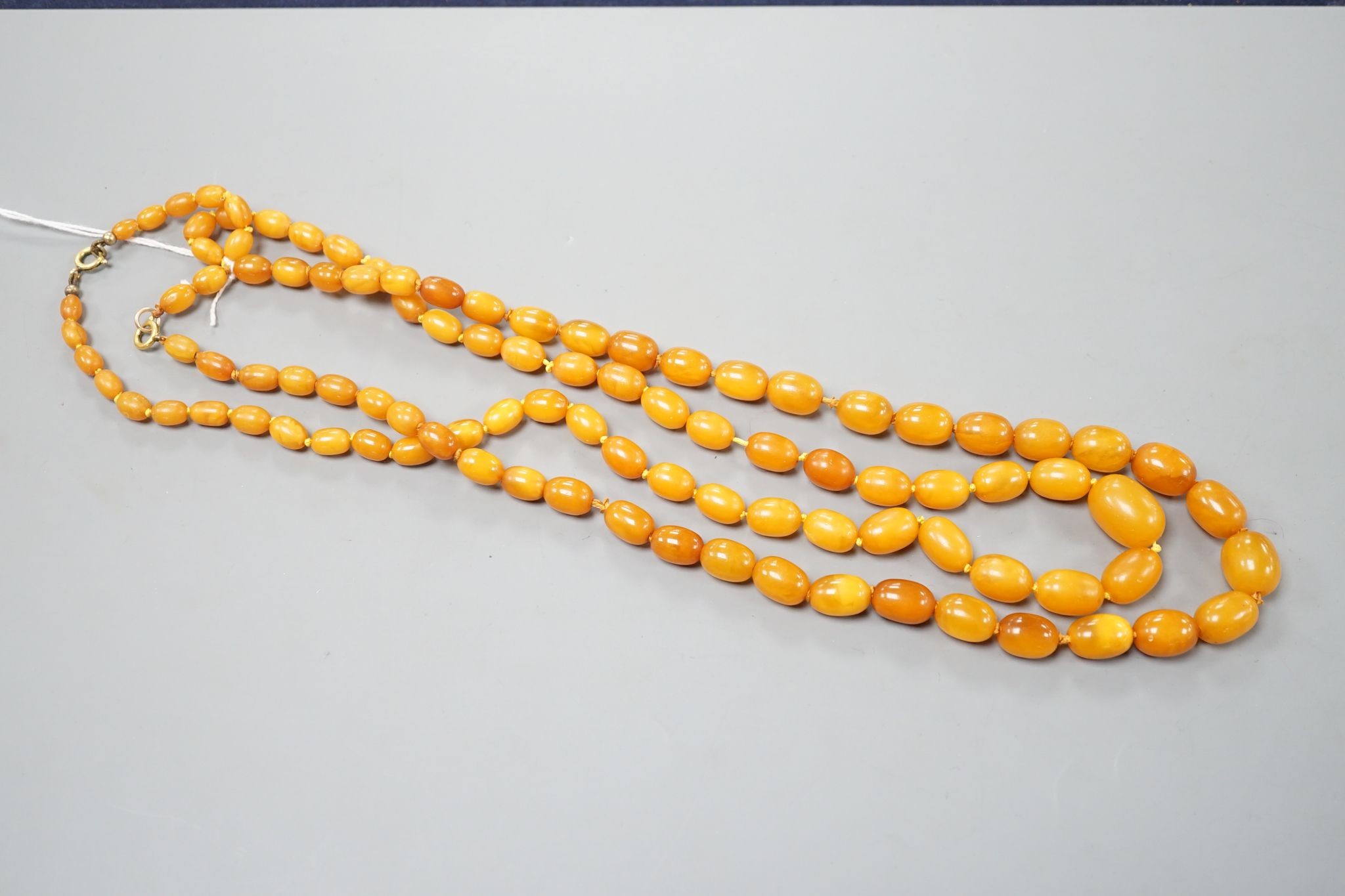 Two single strand graduated oval amber bead necklace, longest 70cm, gross weight 72 grams.